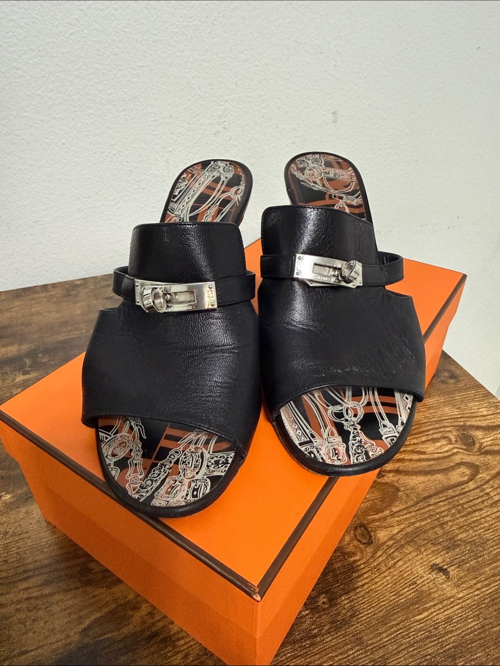 Hermes Black Leather Slide Mules with Silver Buckle